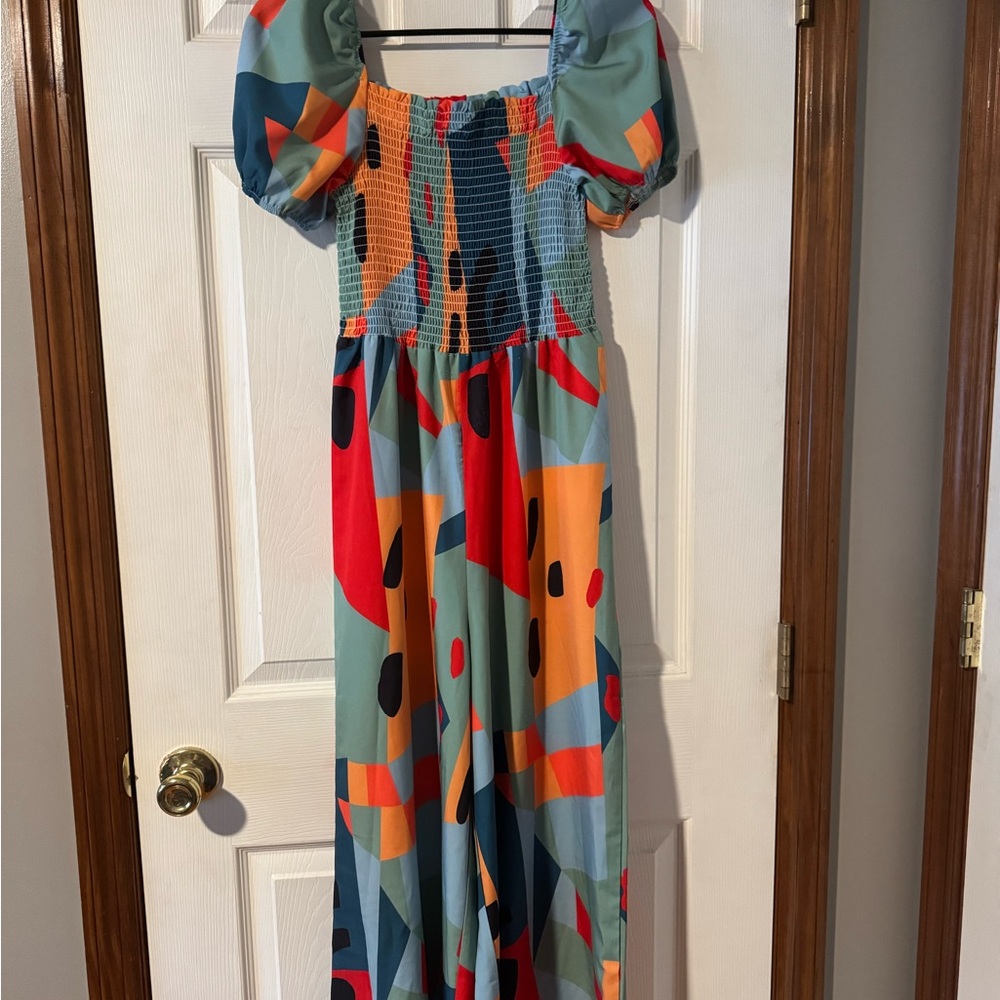 Vibrant Abstract Jumpsuit with Puff Sleeves